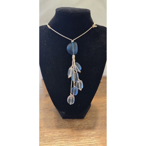 Blue & Clear Sea Glass Necklace On Slip Knot Rope Chain Adj From 16" To 34" - Picture 2 of 3